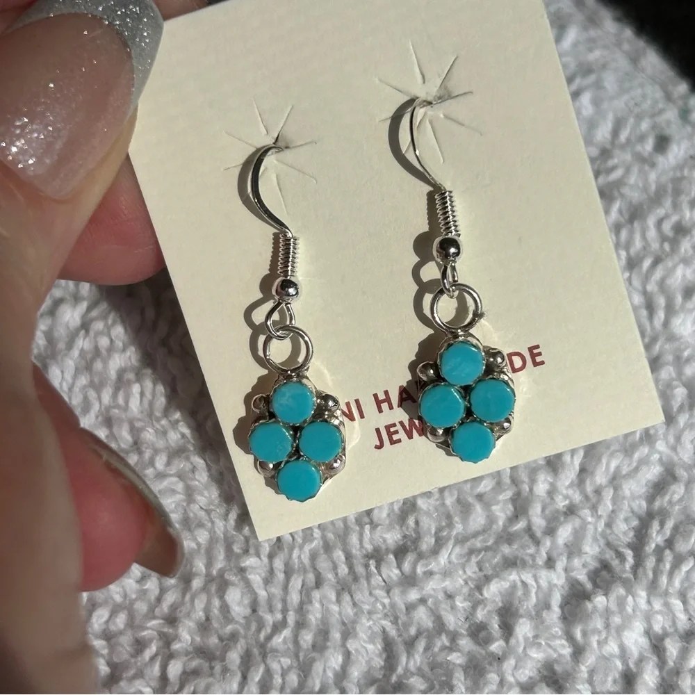Zuni 925 Sterling Silver Turquoise Dangle Earrings - Picture 6 of 6